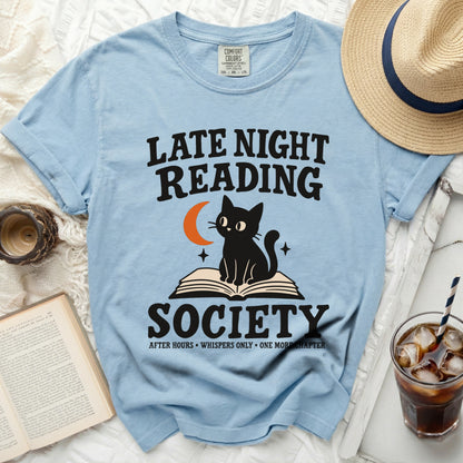 Light blue t-shirt with "Late Night Reading Society" graphic of a cat on a book.