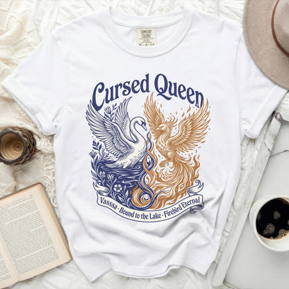 White t-shirt with "Cursed Queen" text, swan, and phoenix design.