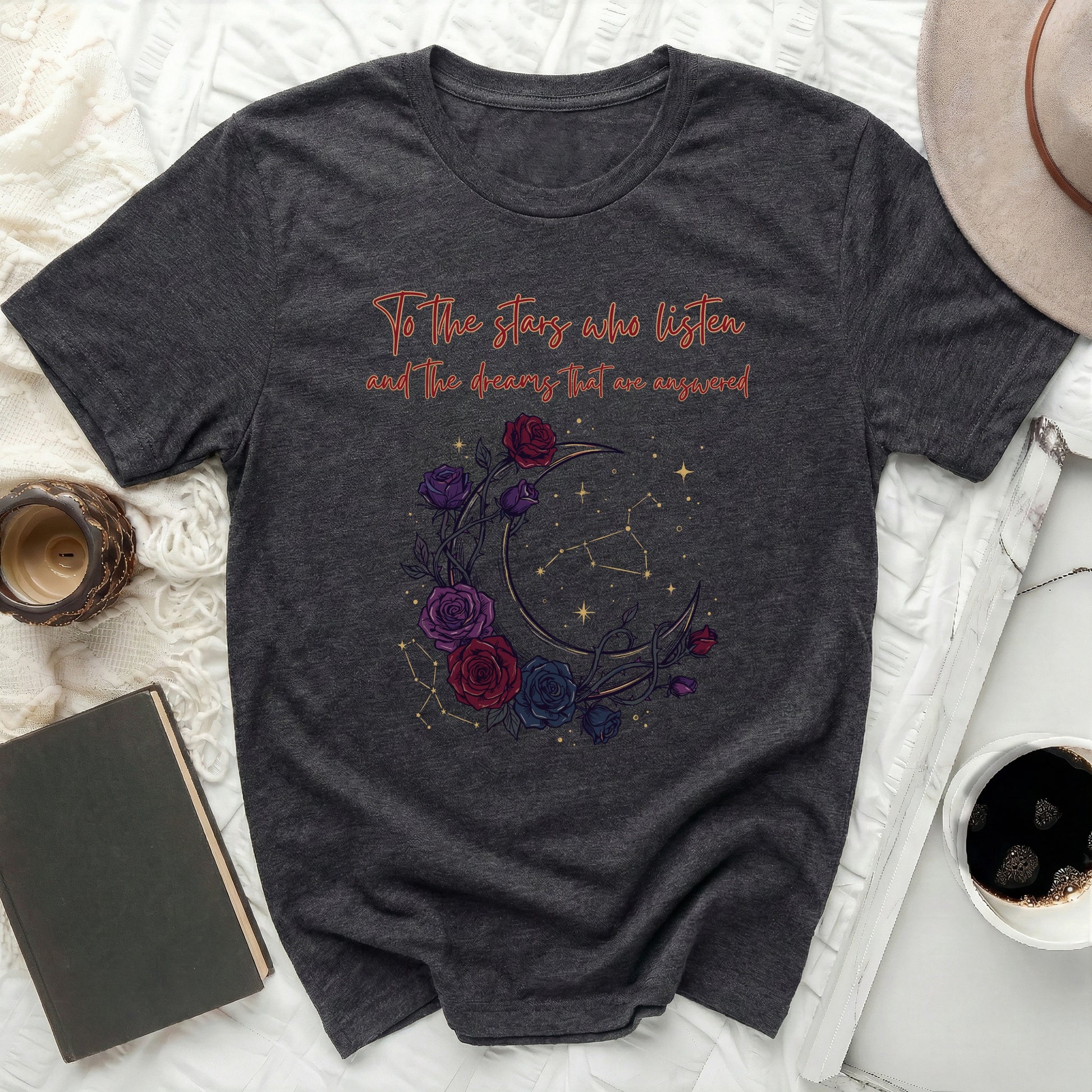 Stars who listen dreams that are answered T-shirt
Stars shirt
Moon design
Celestial tee
Rose graphic
Fantasy apparel
Quote shirt
Dreams top
Constellation art
Mystical shirt
Magical tee
Poetic design
Floral moon
Dark romance
ACOTAR inspired
Fae fashion
Night sky shirt
Bookish gift
Literary apparel
Aesthetic tee
Unique print