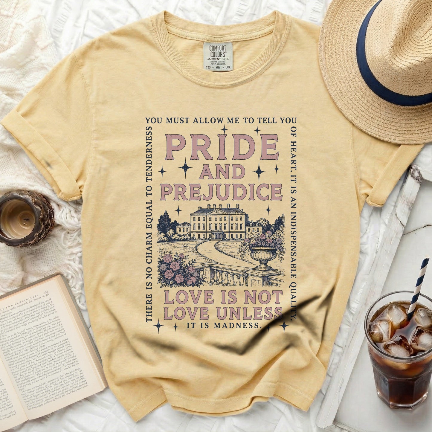 Yellow shirt with "Pride and Prejudice" book graphic and quote.