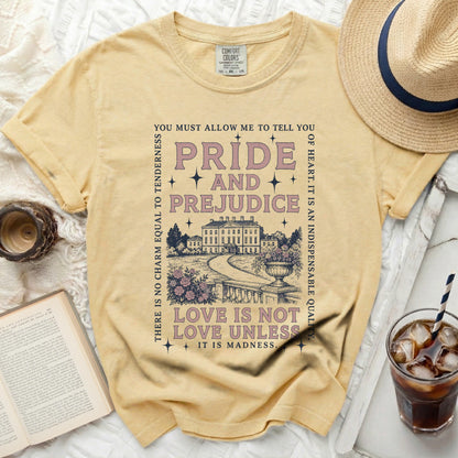 Yellow shirt with "Pride and Prejudice" book graphic and quote.