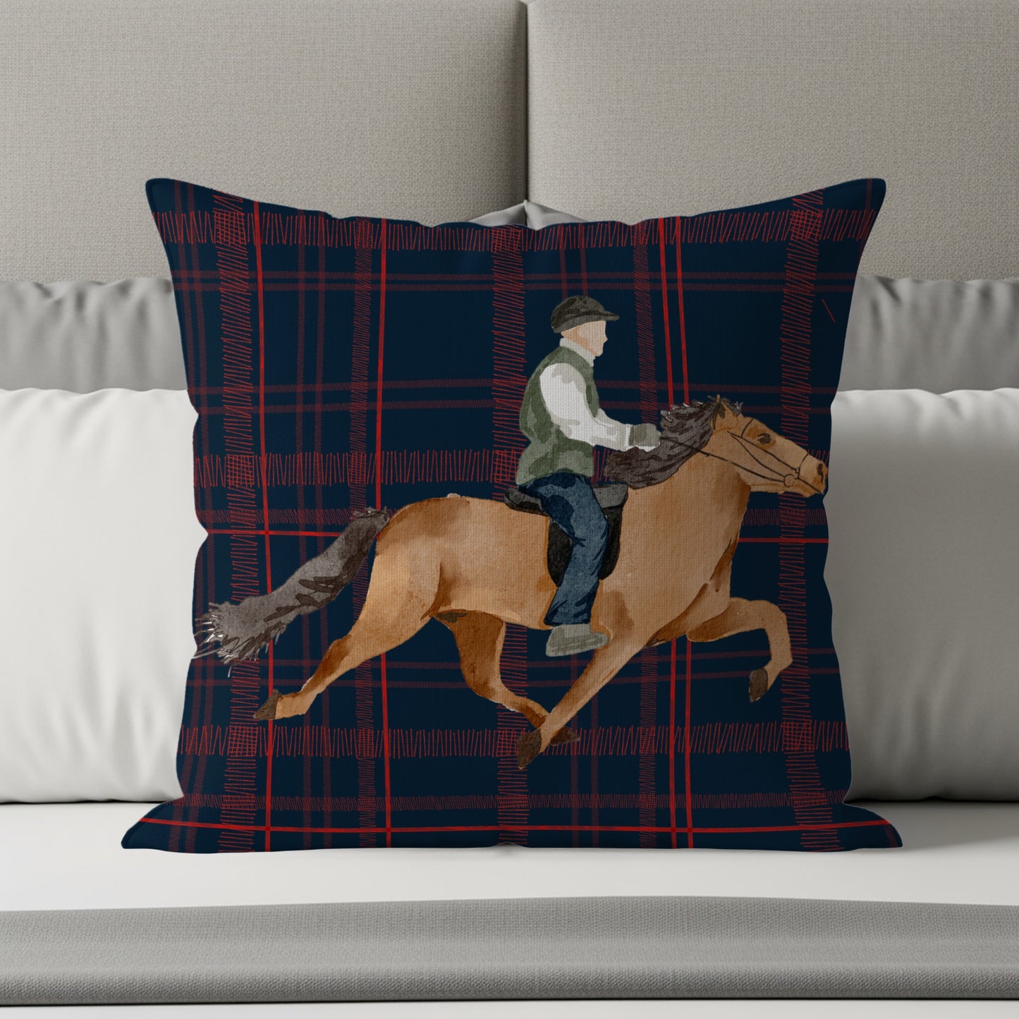 Equestrian Rider with Horse on Plaid Cushion