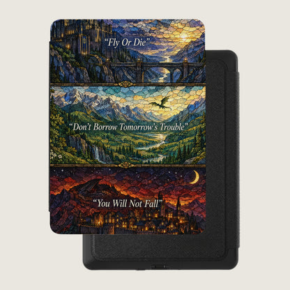 A black e-reader case features a three-panel stained glass fantasy design with castles, dragons, and quotes.