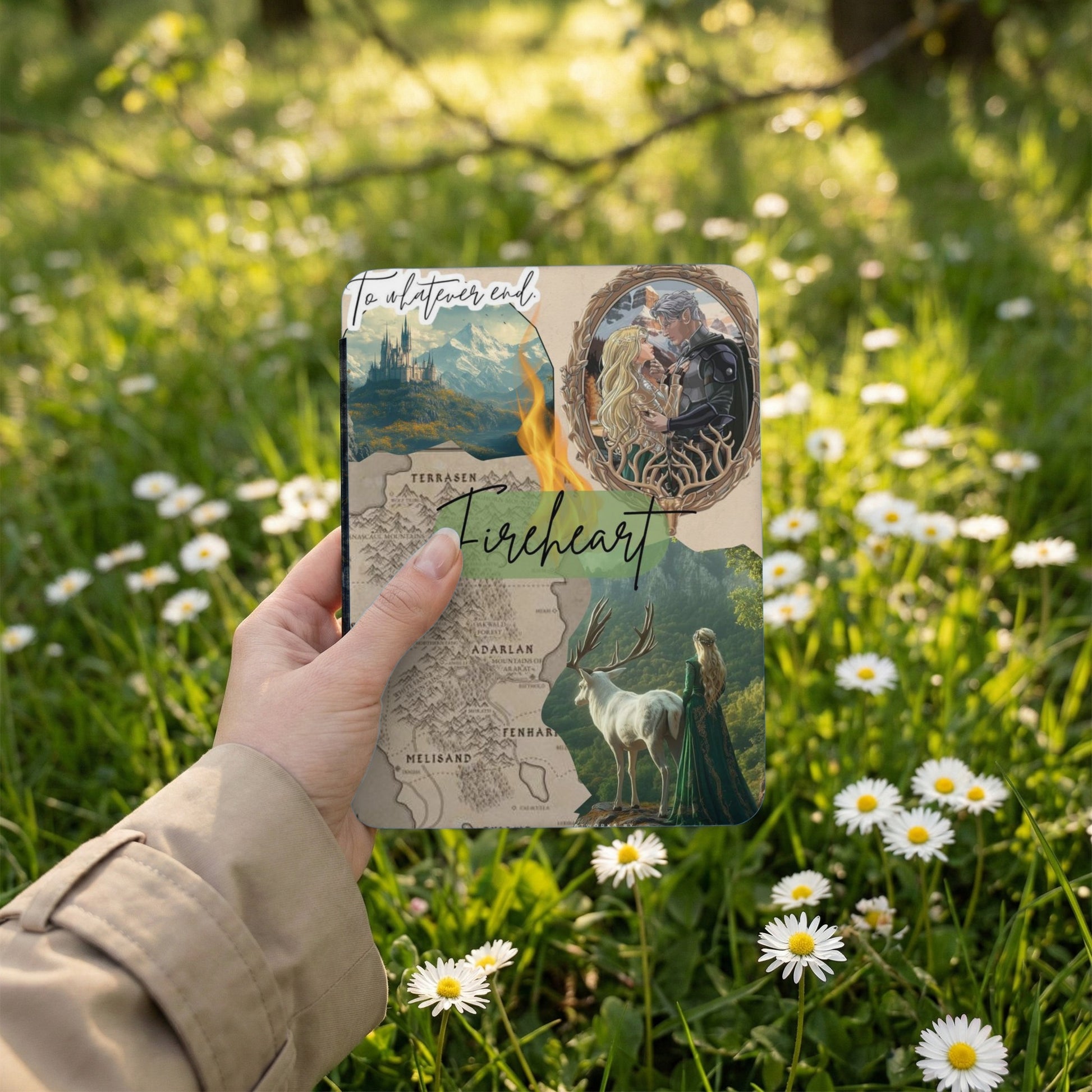 A book cover with art featuring a castle, a couple embracing, Fireheart title, and a map.