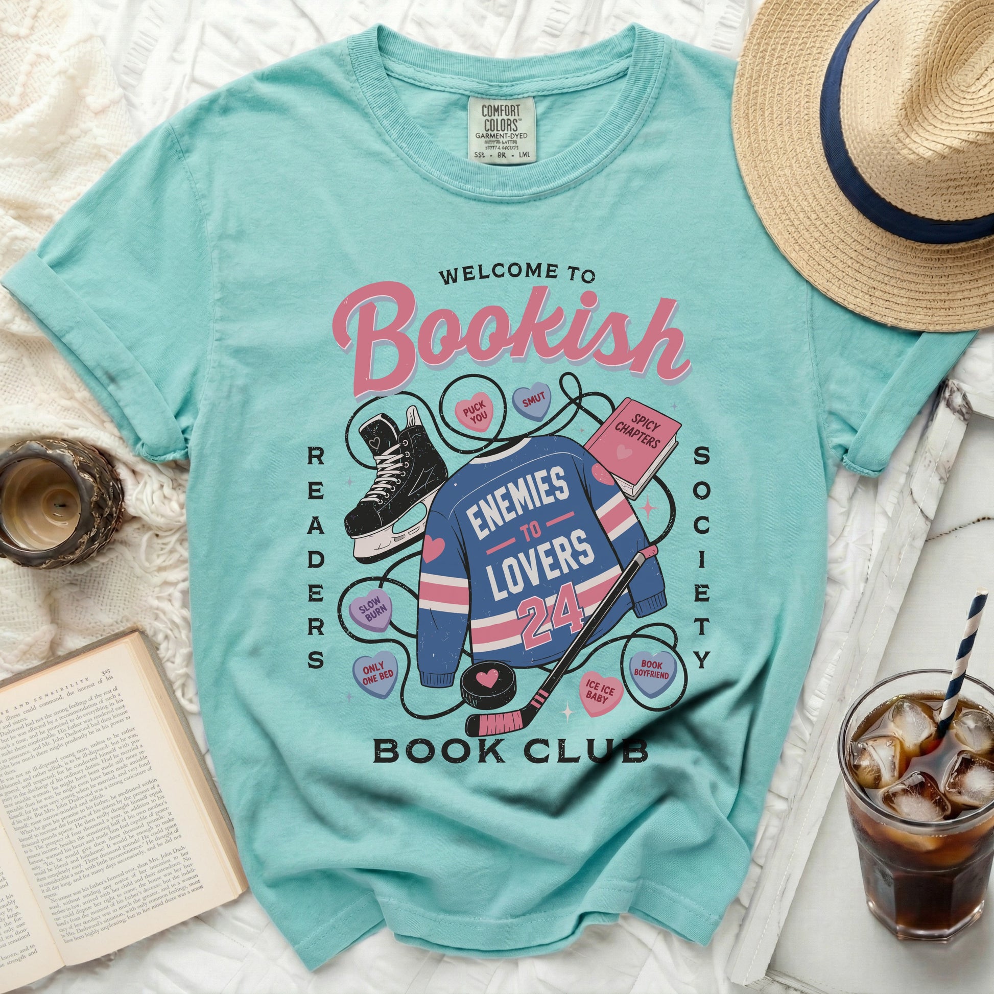 Bookish Readers Society t-shirt with "Enemies to Lovers" book club graphic.