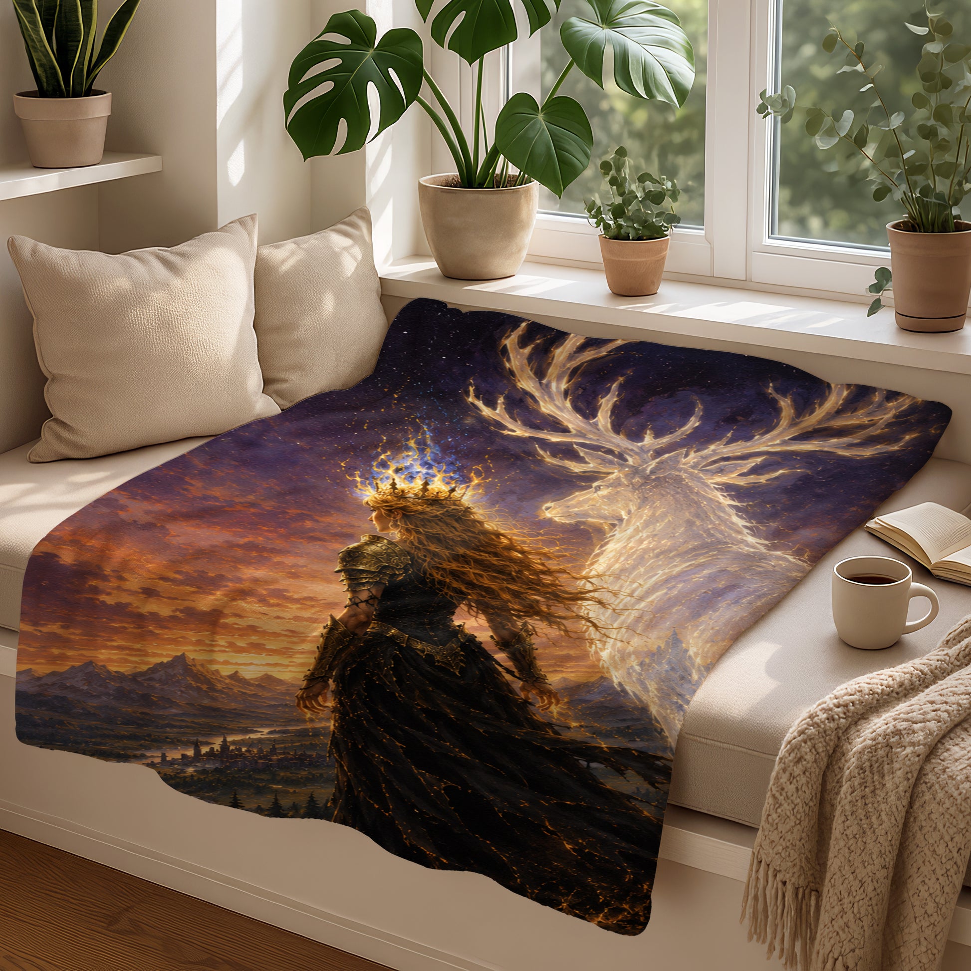 A crowned queen stands with a spirit stag against a sunset over mountains and a town.