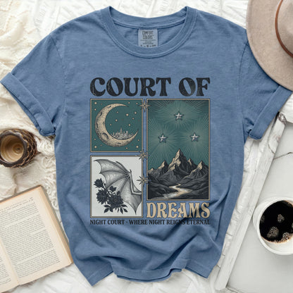 Blue t-shirt with "COURT OF DREAMS" and night-themed illustrations.