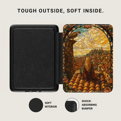 Black case with stained glass art of a woman on a rooftop overseeing a city.