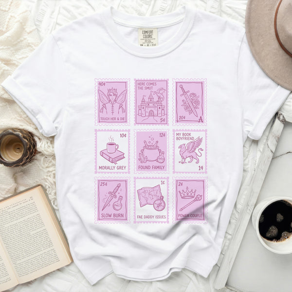 Literary Romantasy Stamps Tee in White