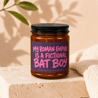 Amber jar with purple label reading "My Roman Empire is a Fictional Bat Boy".