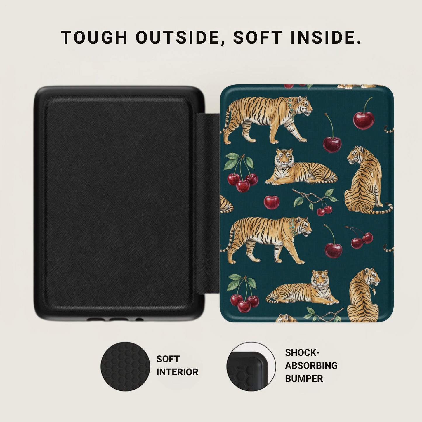 Black case with tigers and cherries pattern, soft interior, shock-absorbing bumper.
