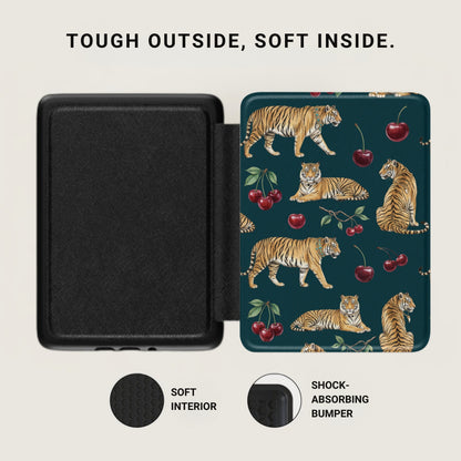 Black case with tigers and cherries pattern, soft interior, shock-absorbing bumper.