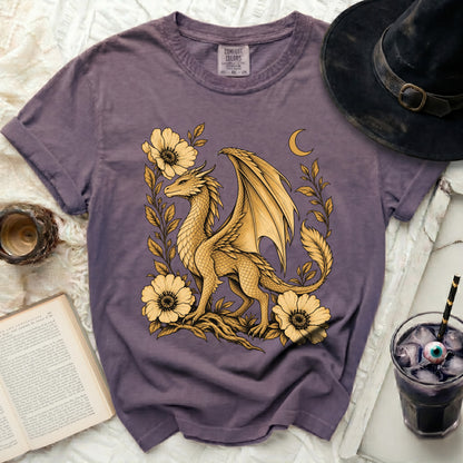 Purple t-shirt with a golden dragon and flowers illustration, Comfort Colors tag.