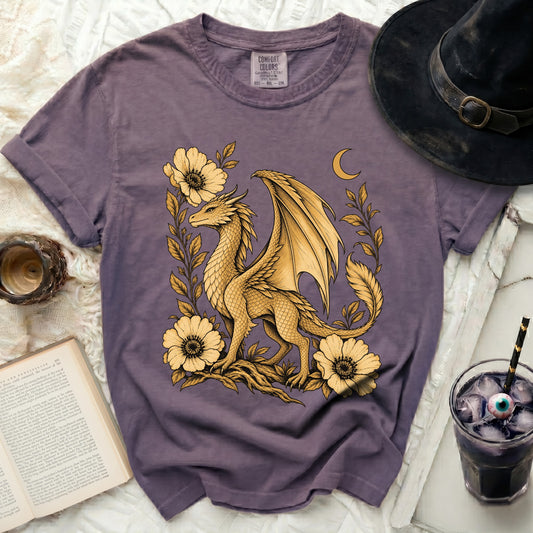 Purple t-shirt with a golden dragon and flowers illustration, Comfort Colors tag.