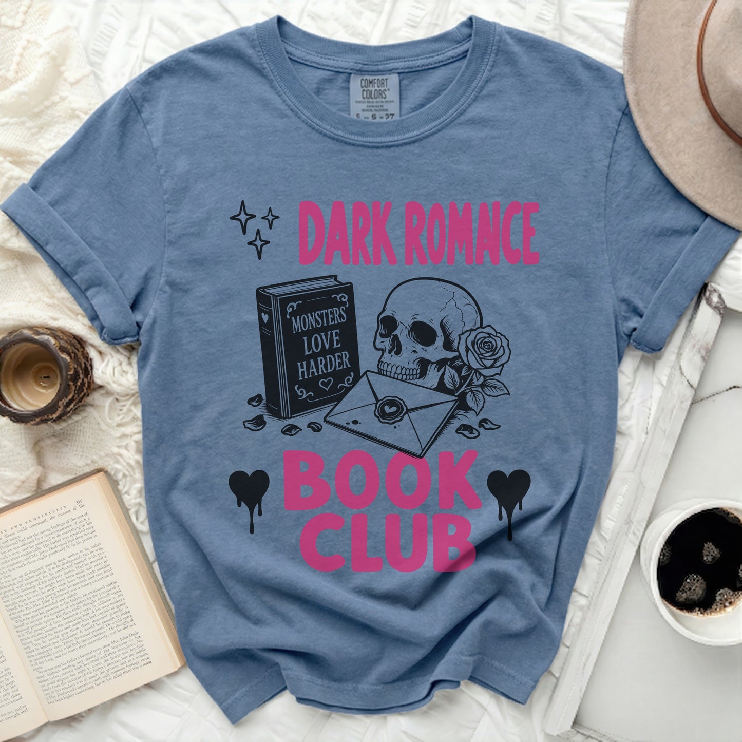 Dark Romance Book Club t-shirt with skull, book, envelope, and rose design.