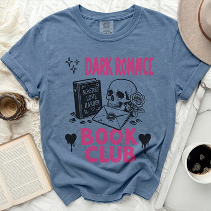Dark Romance Book Club t-shirt with skull, book, envelope, and rose design.