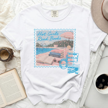 White t-shirt with "Hot Girls Read Books" stamp design featuring a poolside scene.