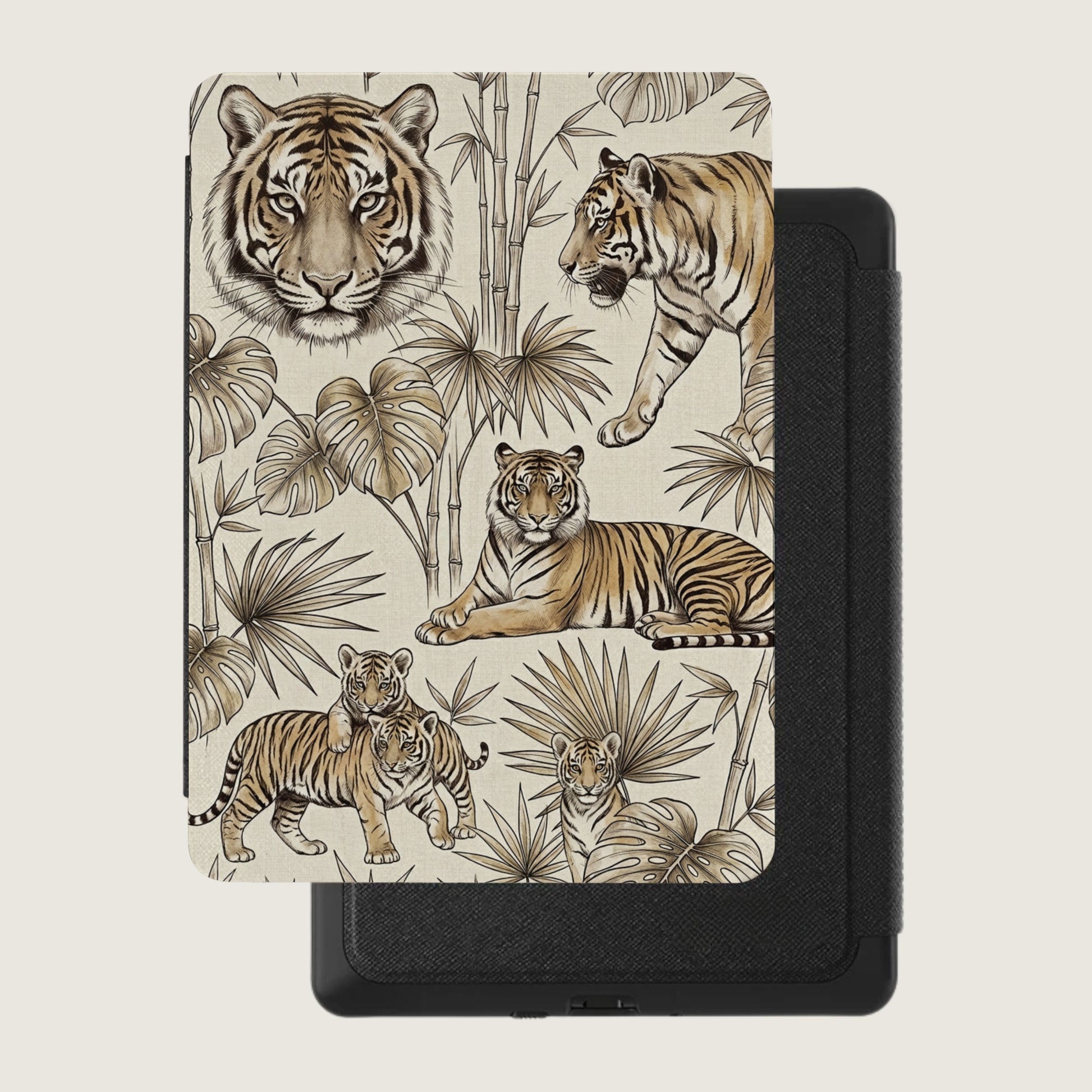 Tiger illustration on a textured case with bamboo and tropical leaves on a plain background.