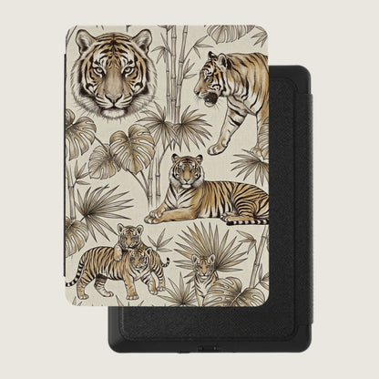 Tiger illustration on a textured case with bamboo and tropical leaves on a plain background.