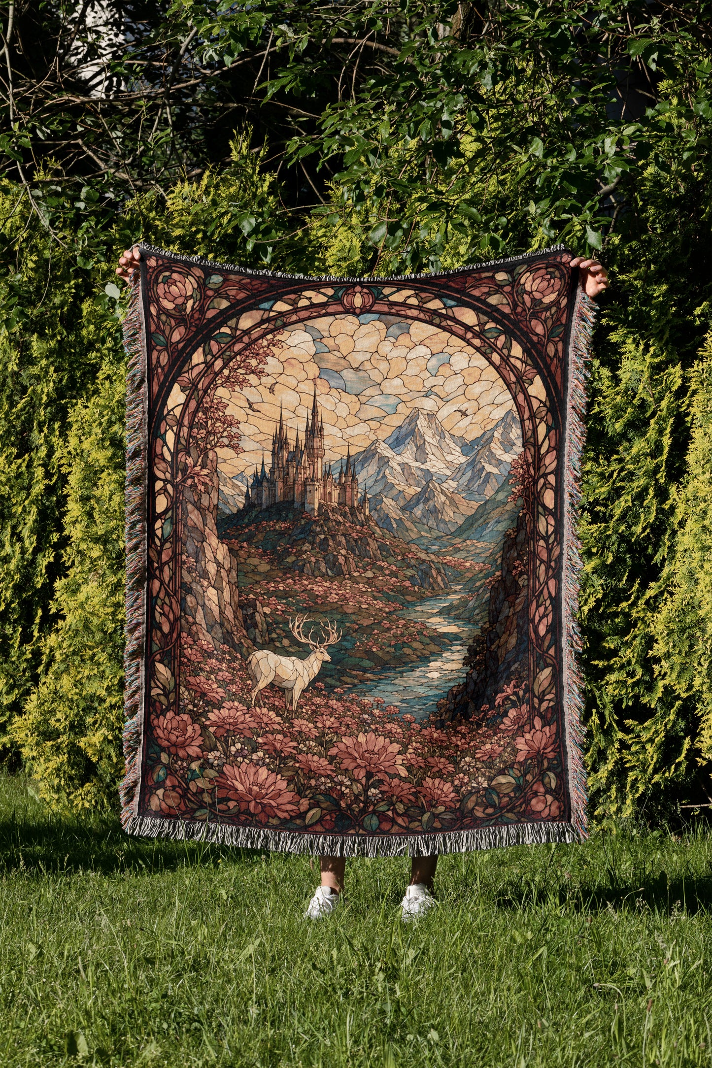 A person is holding up a large, ornate tapestry depicting a castle and a deer in a lush, forested landscape.