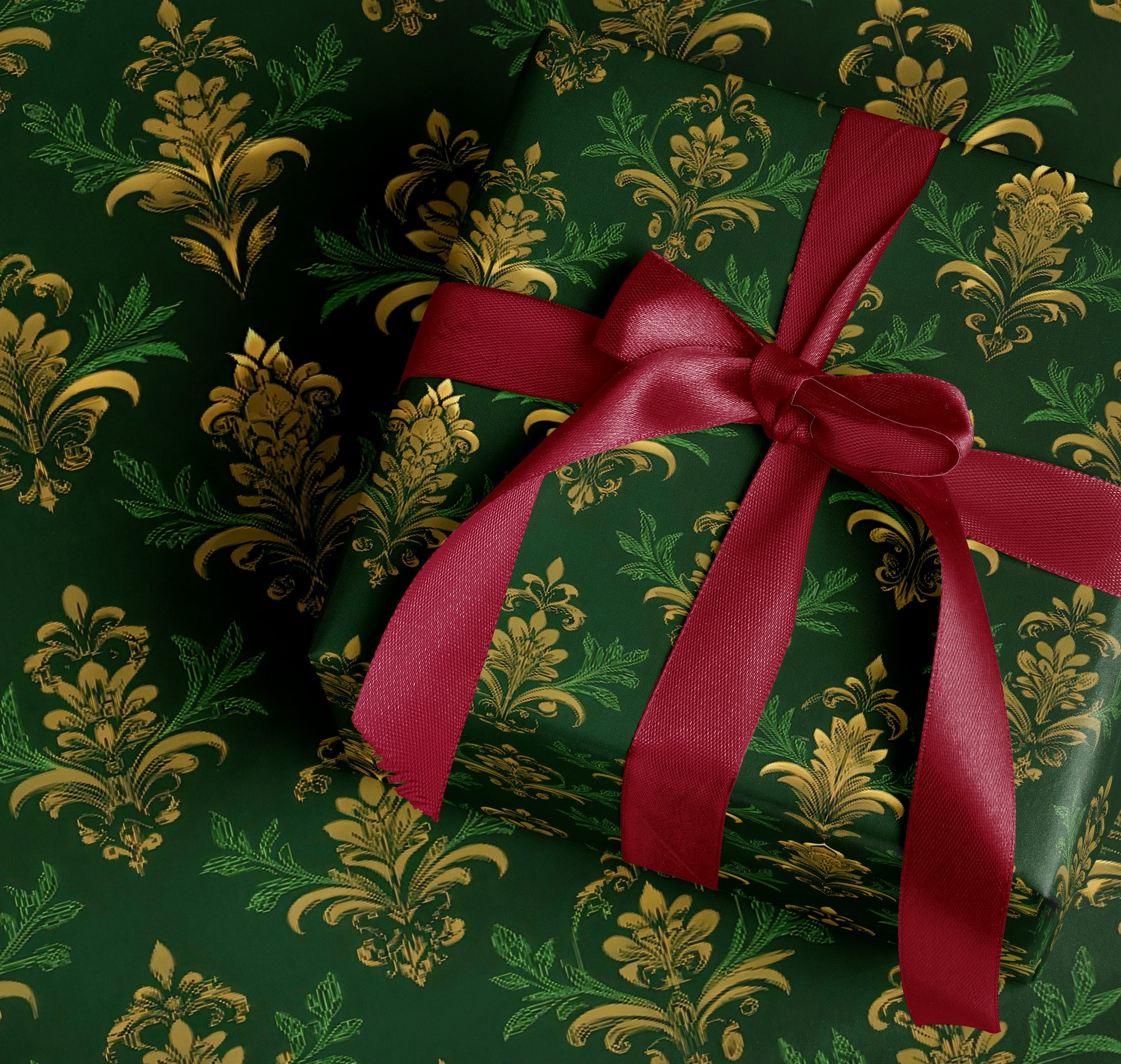 Elegant Green and Gold Floral Wrap Gift Box with Red Ribbon