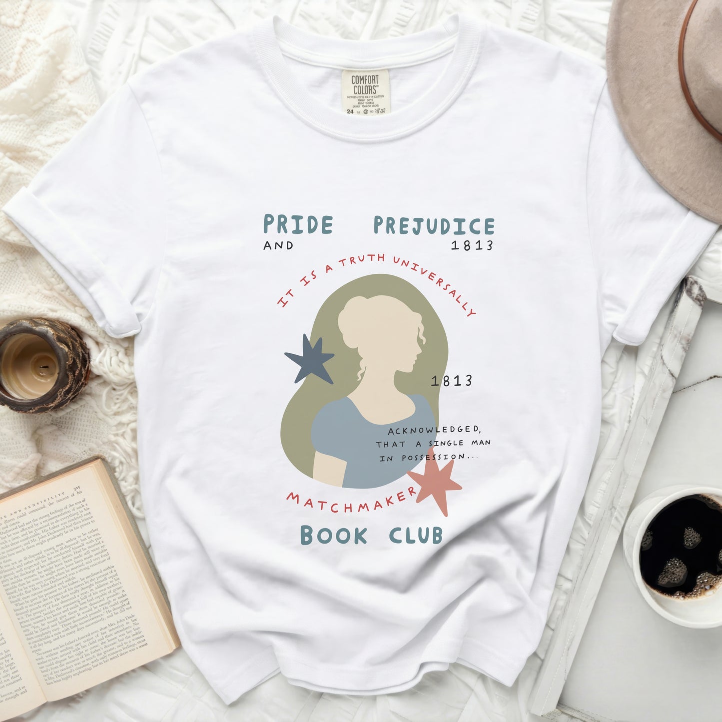 Pride and Prejudice 1813 silhouette with text and stars, "Matchmaker Book Club."