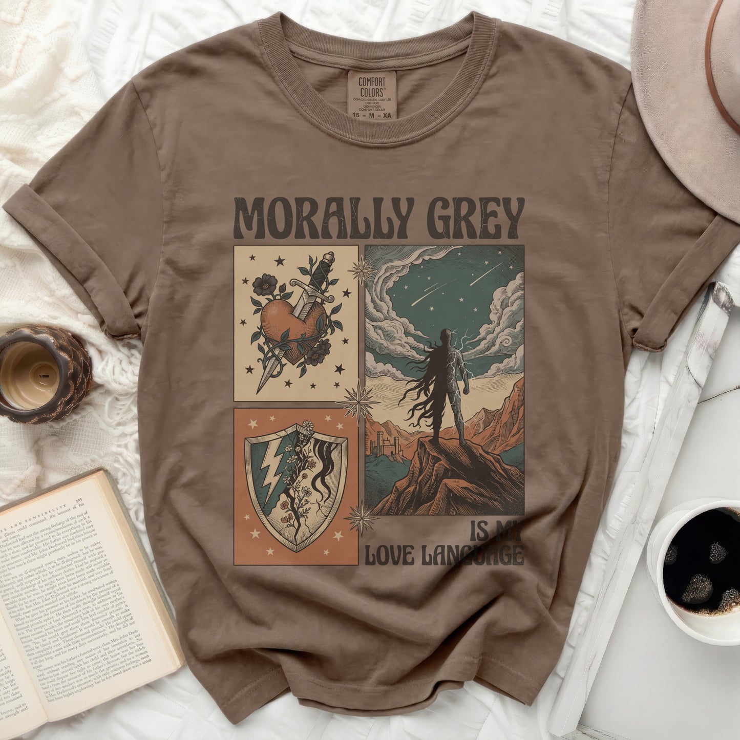 Morally Grey t-shirt with "IS MY LOVE LANGUAGE" text and graphic.