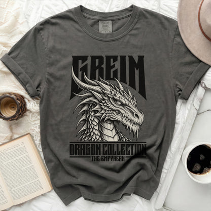 Dark grey t-shirt with "FREIM" and a dragon head graphic.