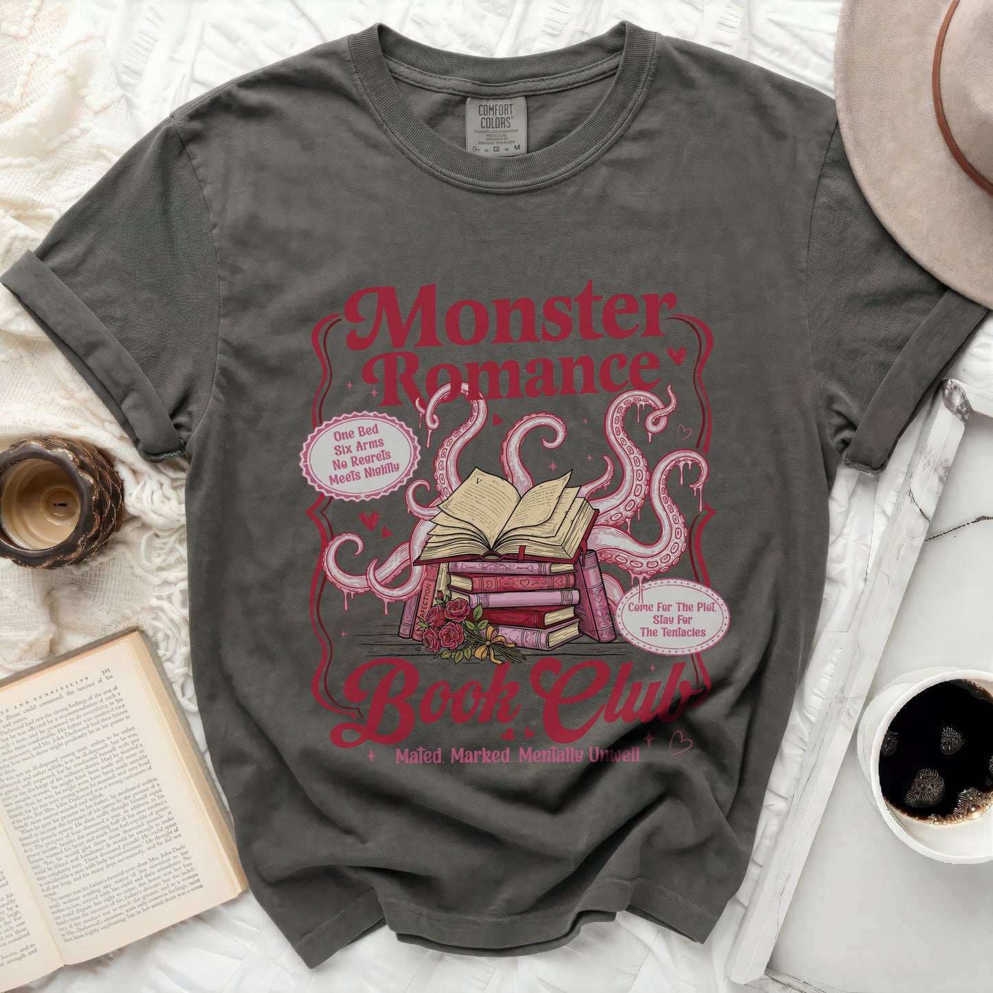 Monster Romance Book Club t-shirt with books, roses, and tentacles design.