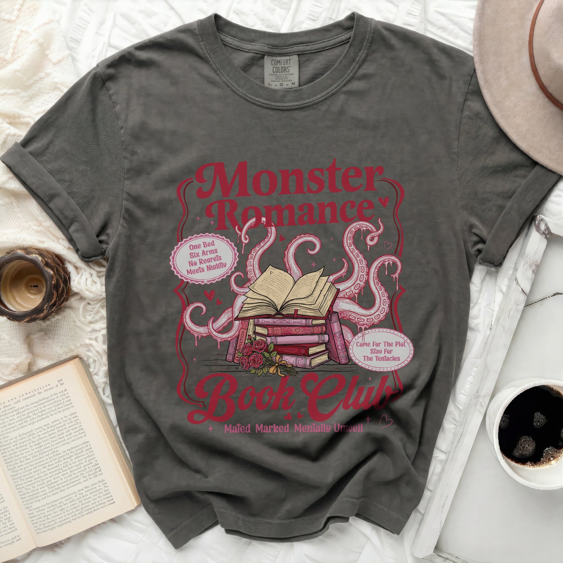 Monster Romance Book Club t-shirt with books, roses, and tentacles design.