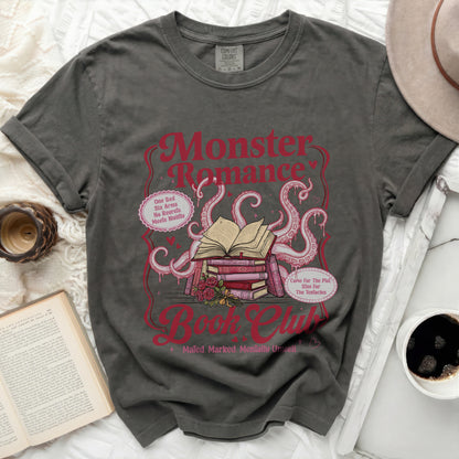 Monster Romance Book Club t-shirt with books, roses, and tentacles design.