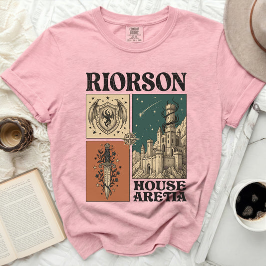 Pink t-shirt with "RIORSON HOUSE ARETIA" text and castle illustration.