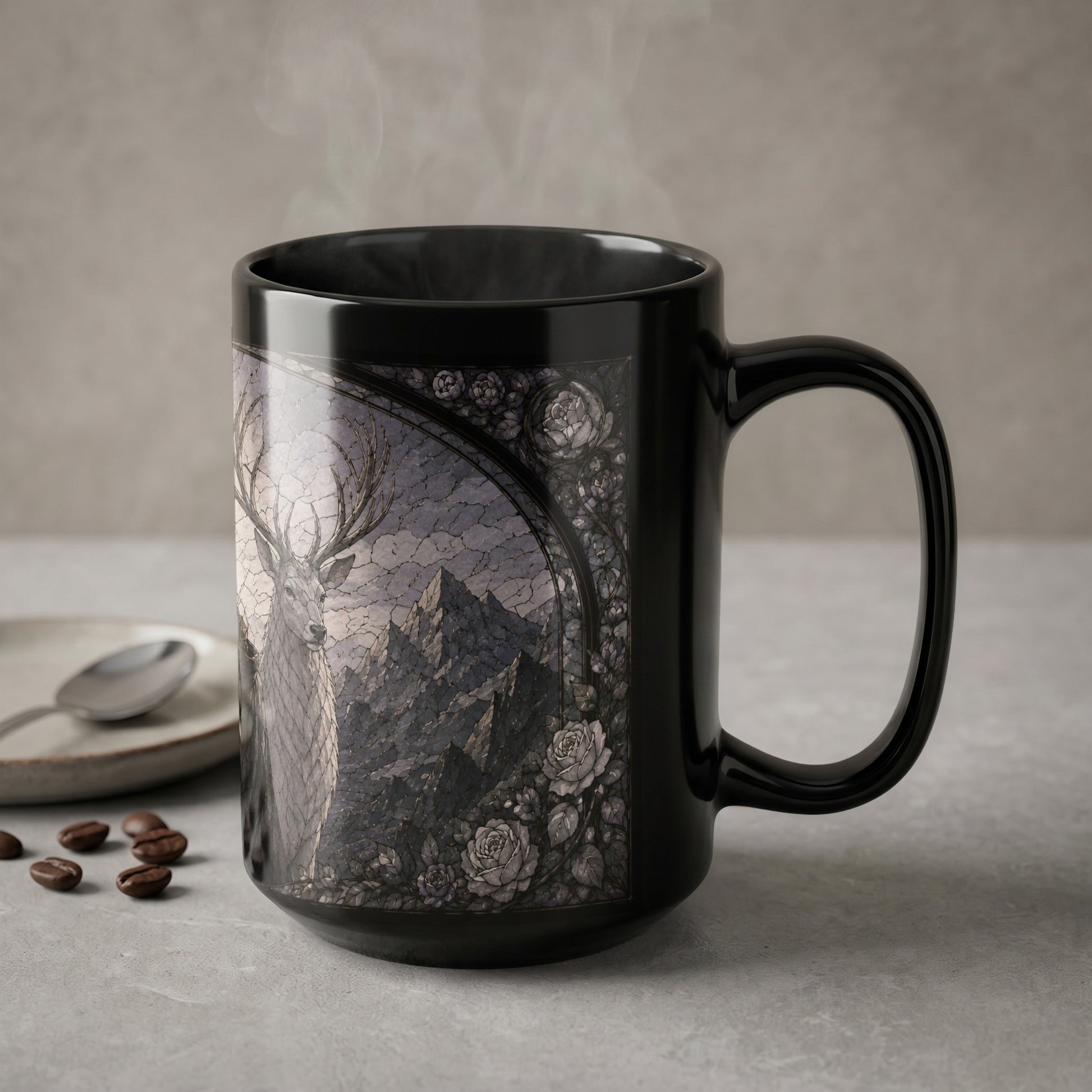 Black mug with detailed stag, mountains, and floral art.