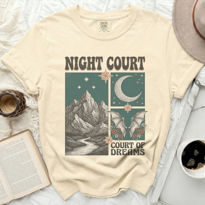 Cream t-shirt with "Night Court Court of Dreams" graphic featuring mountains, moon, and bat wings.