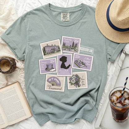Comfort Colors t-shirt with postage stamp prints of literary scenes and text.