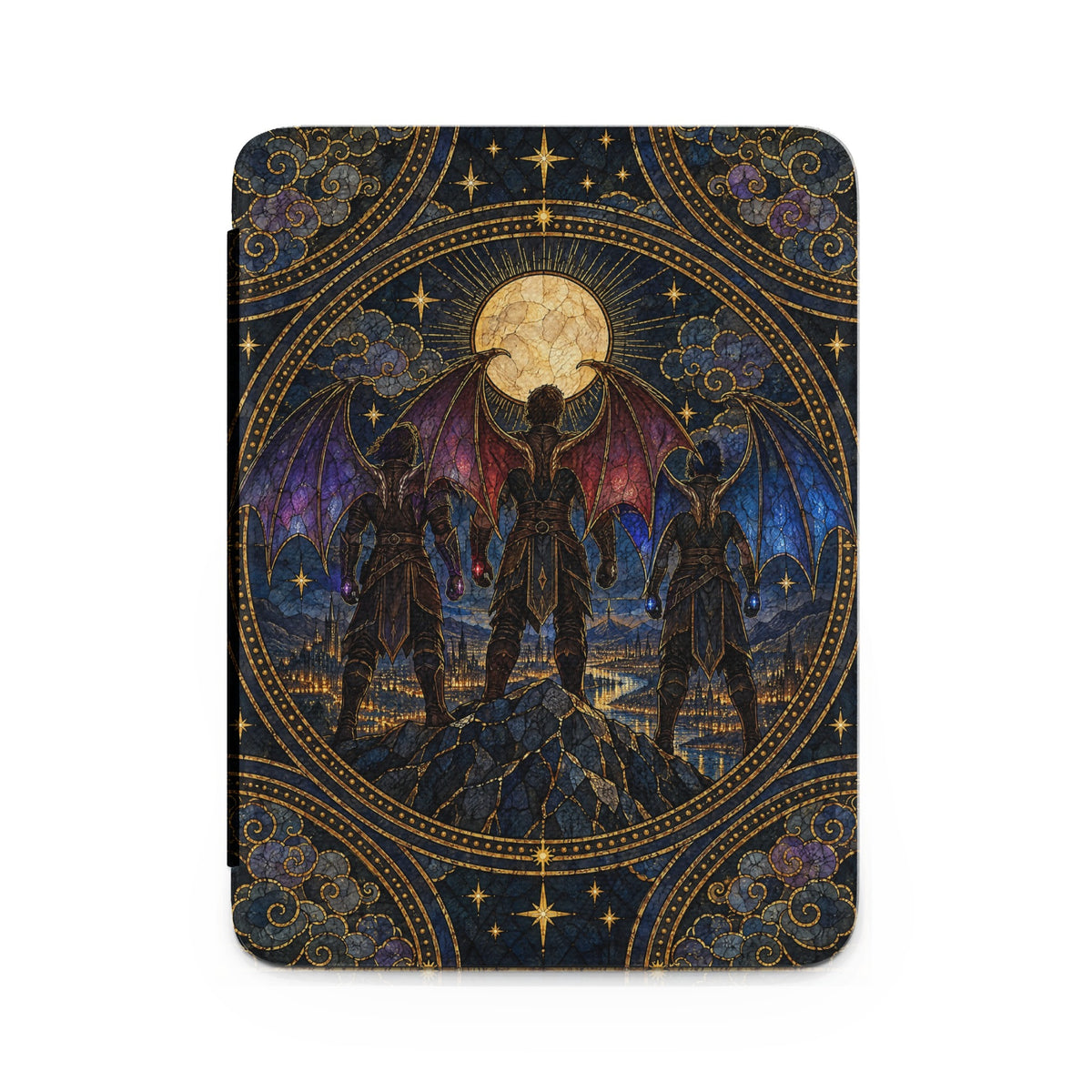 Stained glass style e-reader case featuring three winged figures standing on a mountain overlooking a city.