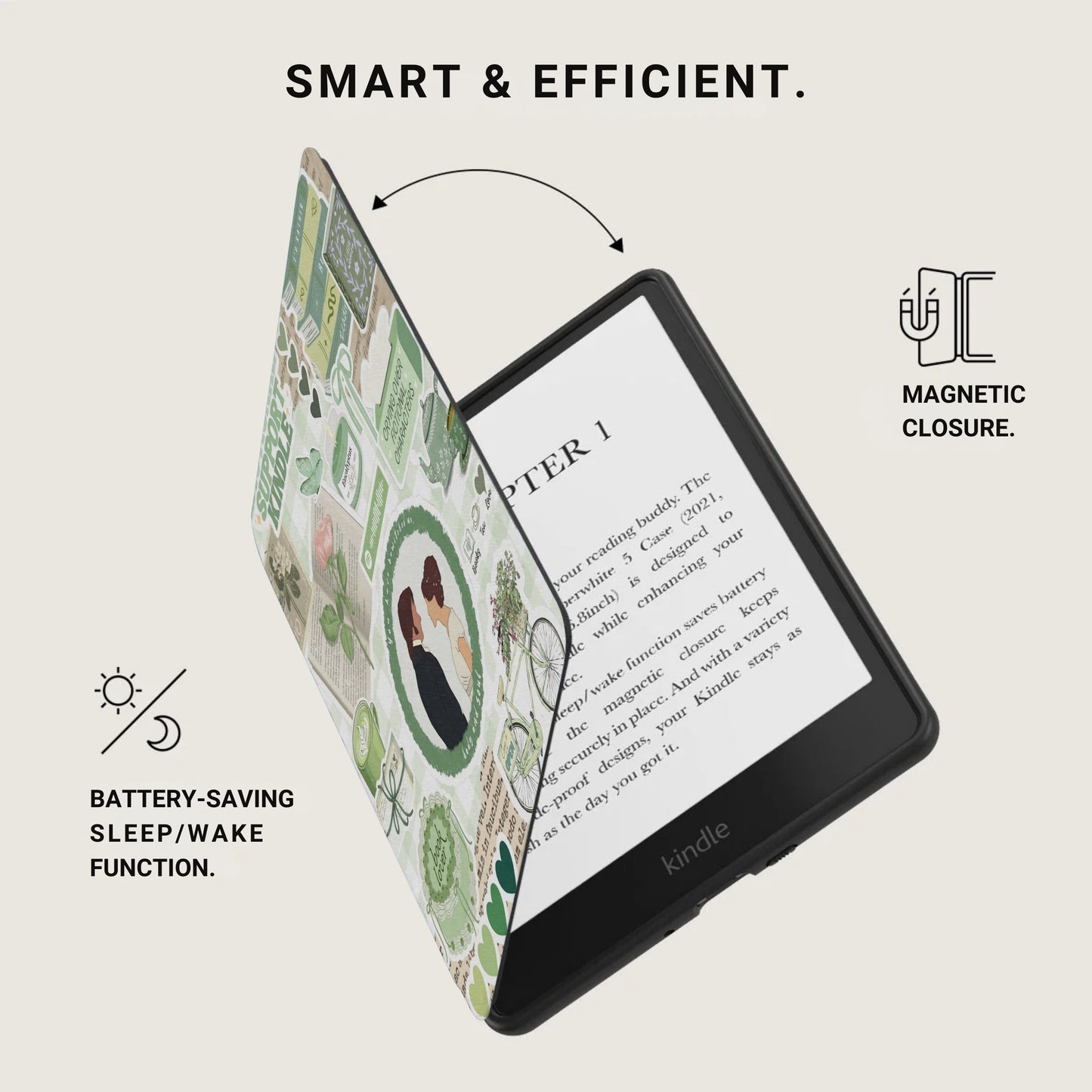 Kindle e-reader with decorative case featuring a couple, bicycle, and text.