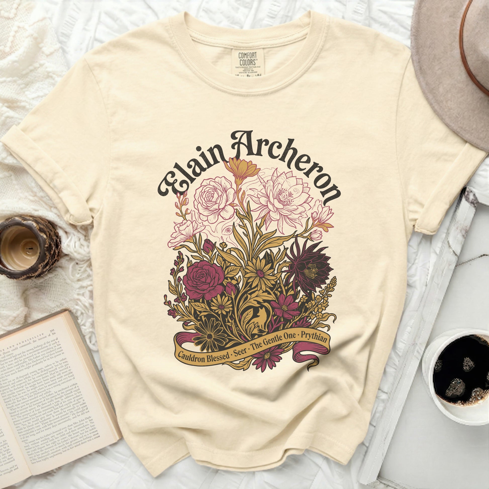 Elain Archeron shirt with floral design and "Cauldron Blessed Seer The Gentle One Prythian" text.