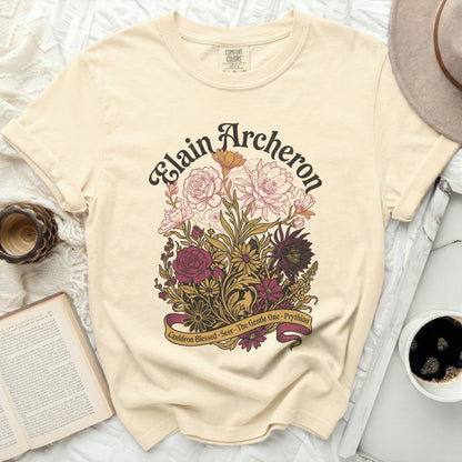Elain Archeron shirt with floral design and "Cauldron Blessed Seer The Gentle One Prythian" text.
