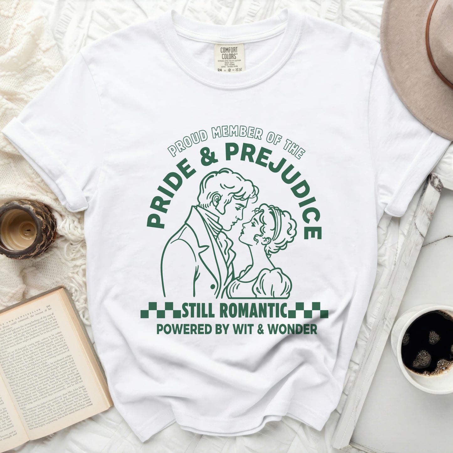 White t-shirt with Pride & Prejudice illustration and text.