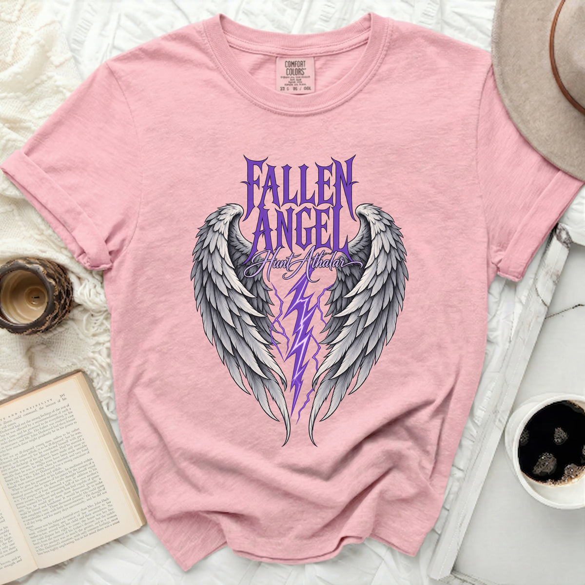 Pink t-shirt with "Fallen Angel Hunt Athdar" text, wings, and lightning graphic.