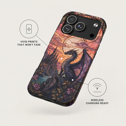 An angled view of a smartphone case featuring a stained glass dragon and castle design, with callouts for fade-resistant prints and wireless charging.