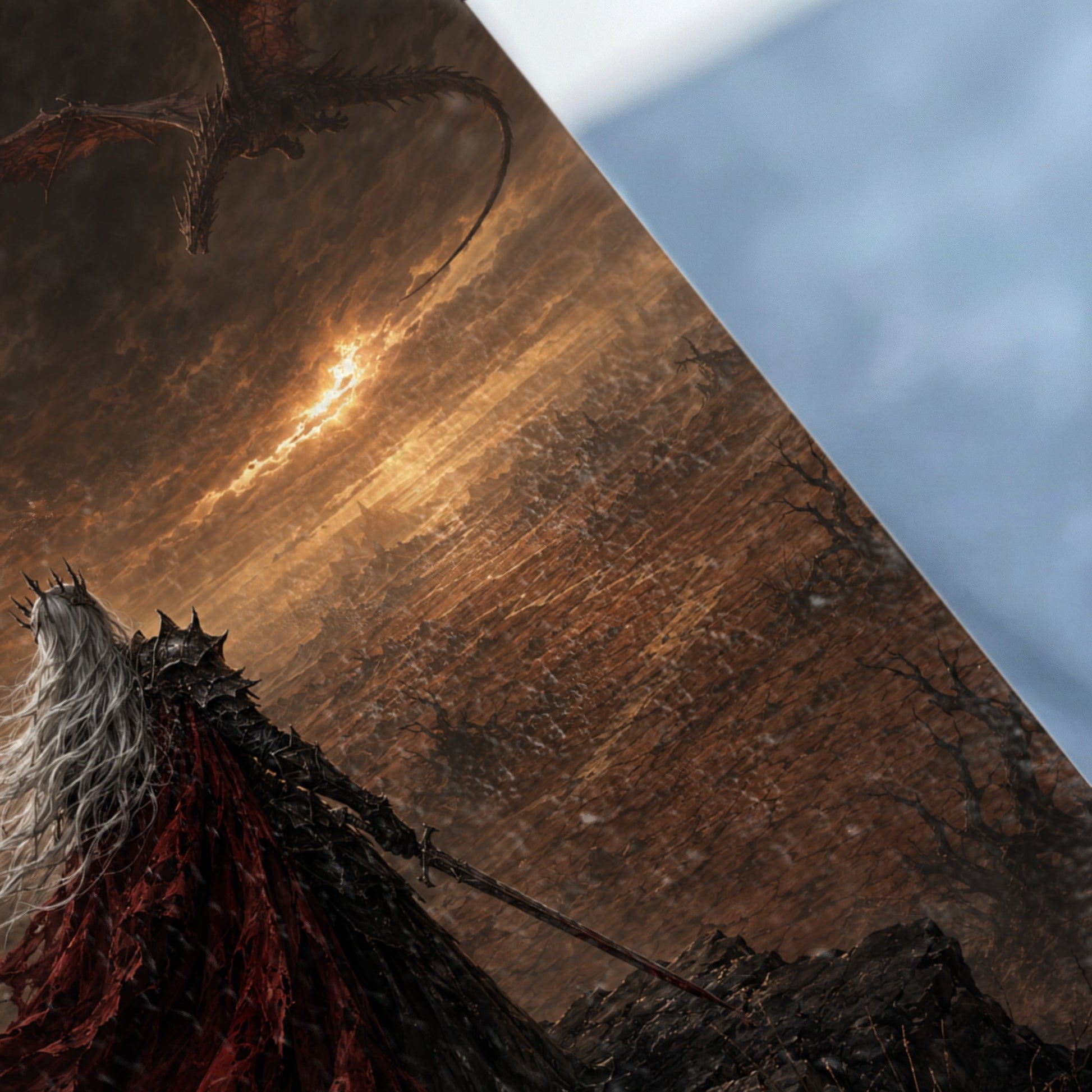 Dragon flying over a crowned figure holding a sword with a fiery sky.