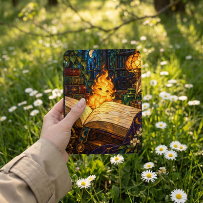 Stained glass art of a fire spirit on an open book in a library scene.