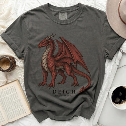 Charcoal grey t-shirt featuring a red dragon graphic and text "DEIGH LIAM MAIRI".