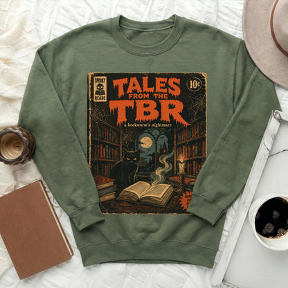 Green sweatshirt with "Tales from the TBR" vintage comic book cover design.