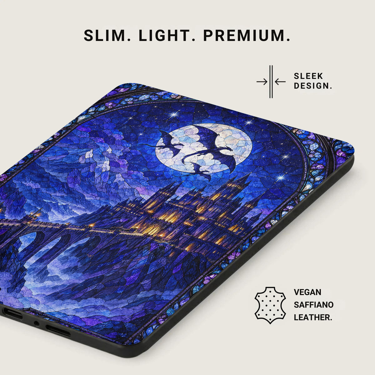 Kindle Paperwhite case featuring a blue stained-glass castle design under a moonlit night sky.
