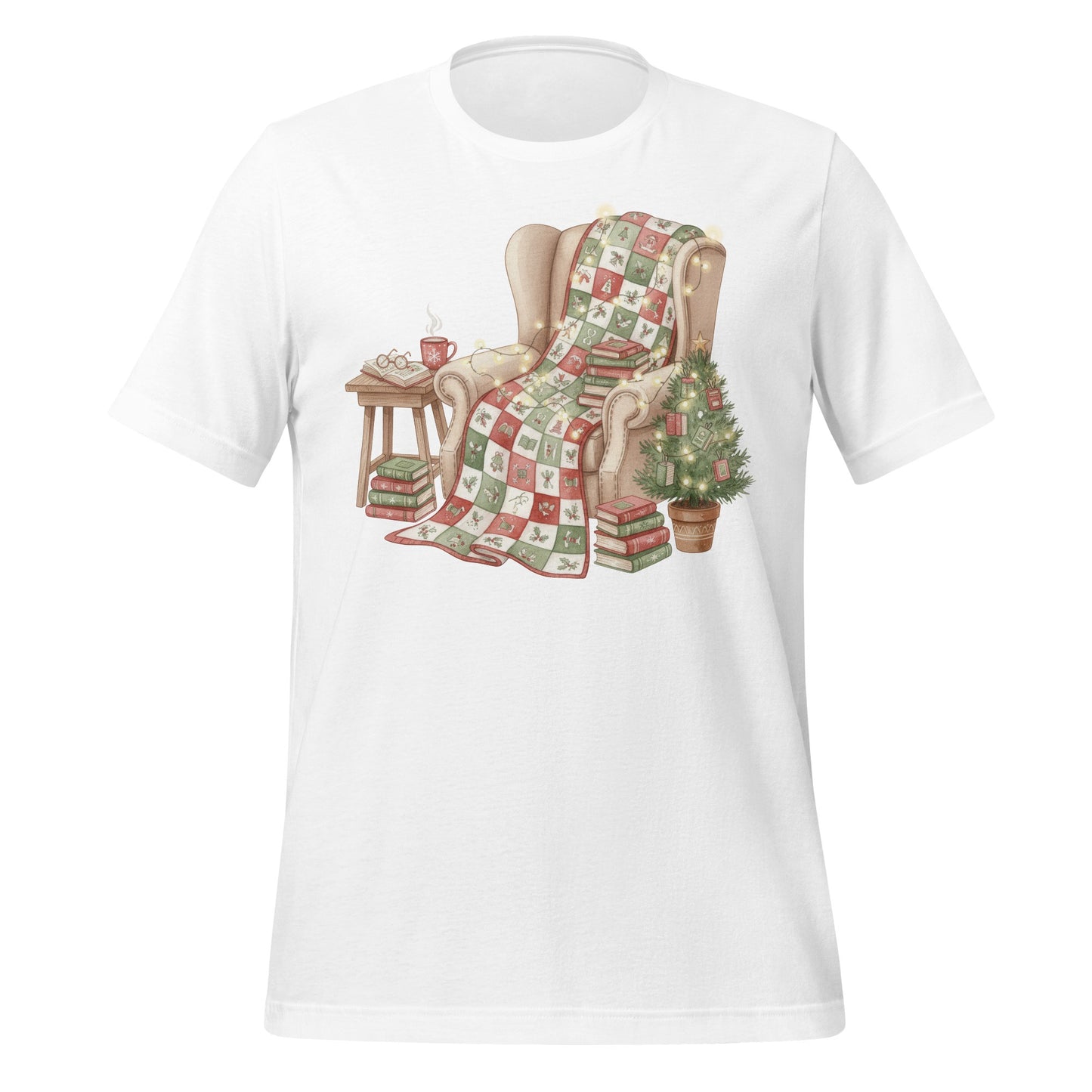 Cozy Xmas Reading Chair with Quilt and Tea Shirt