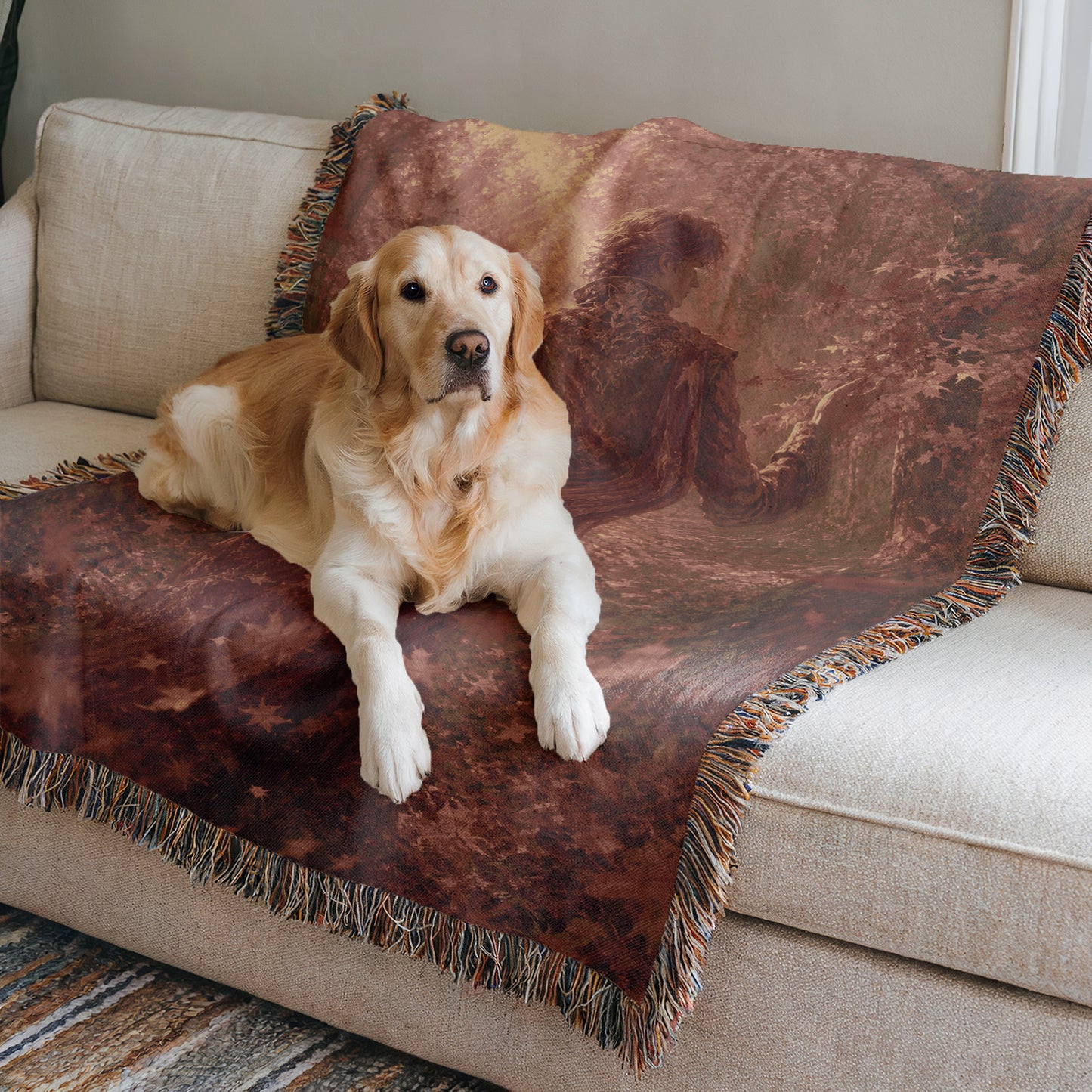 A golden retriever dog is lying on a brown and red patterned blanket on a beige couch.