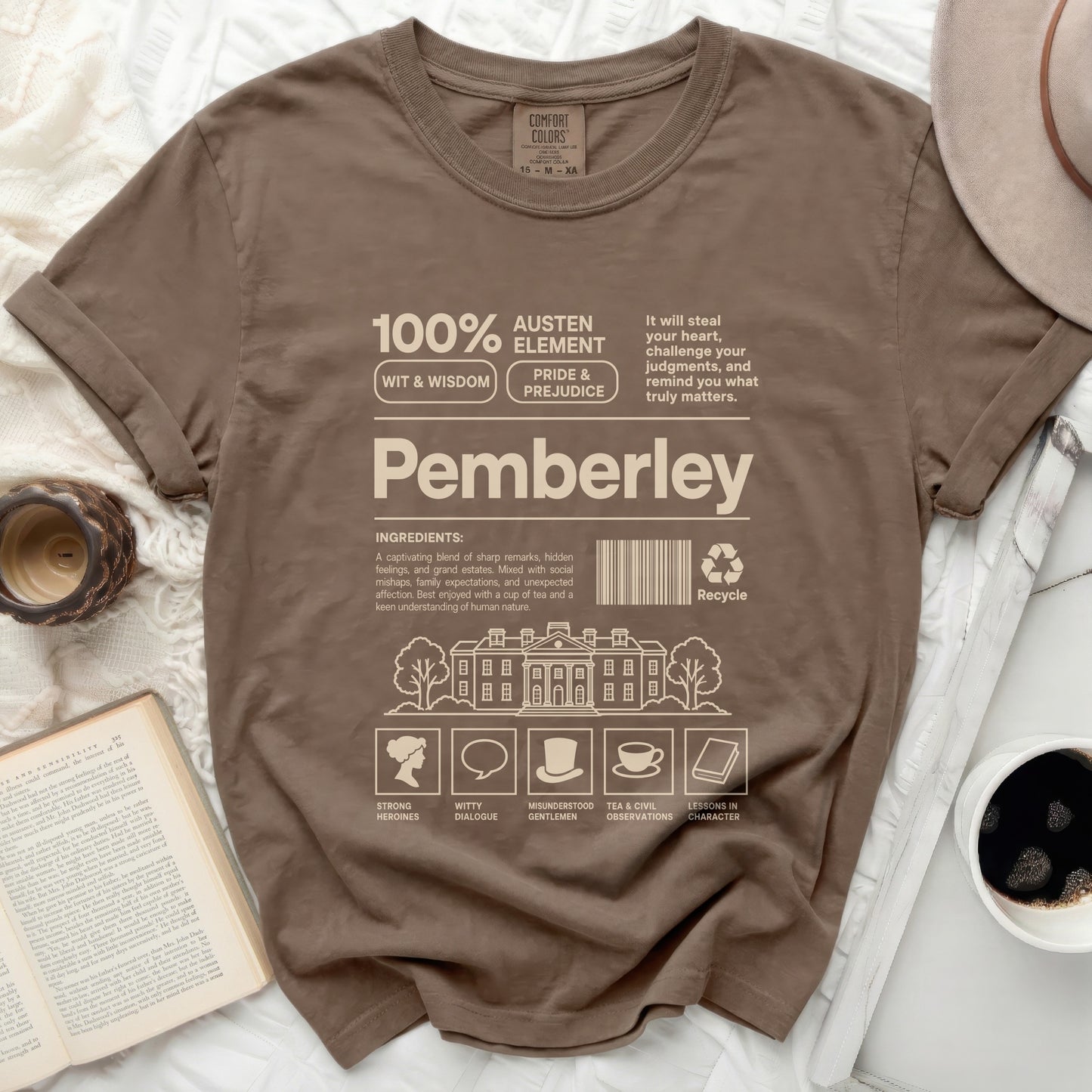 Brown t-shirt with Pemberley and Austen Element design, including a house.